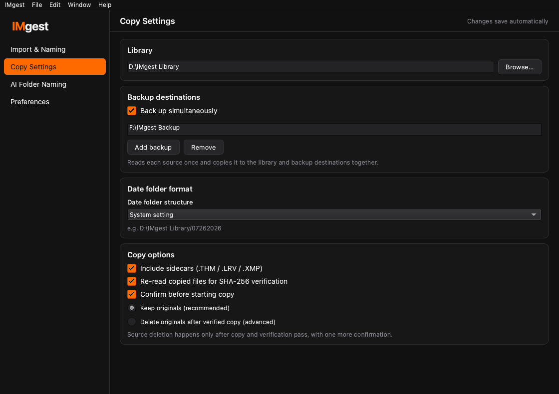 IMgest copy settings for the main library and multi-destination backup